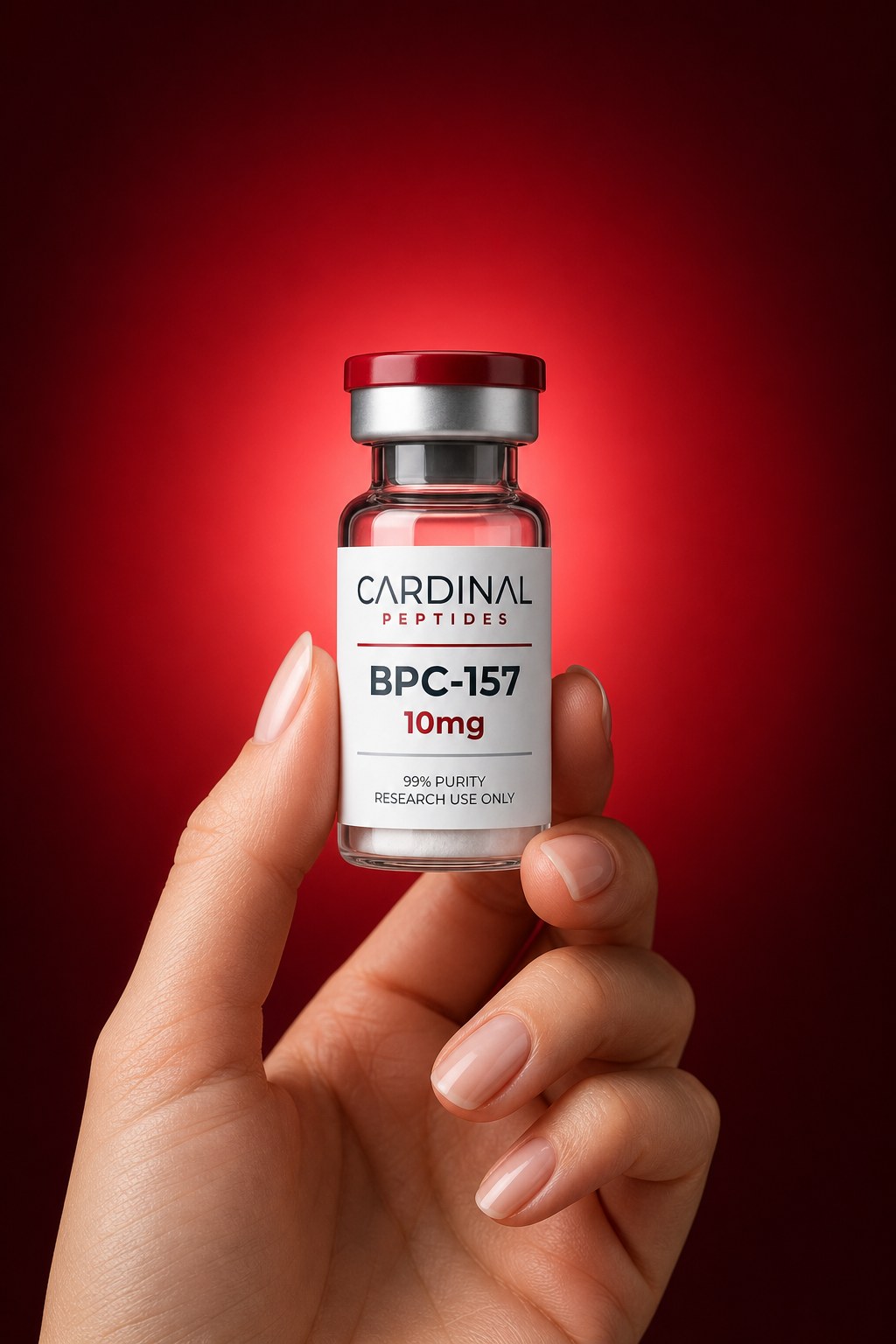 A hand presenting a Cardinal Peptides research vial against a studio background