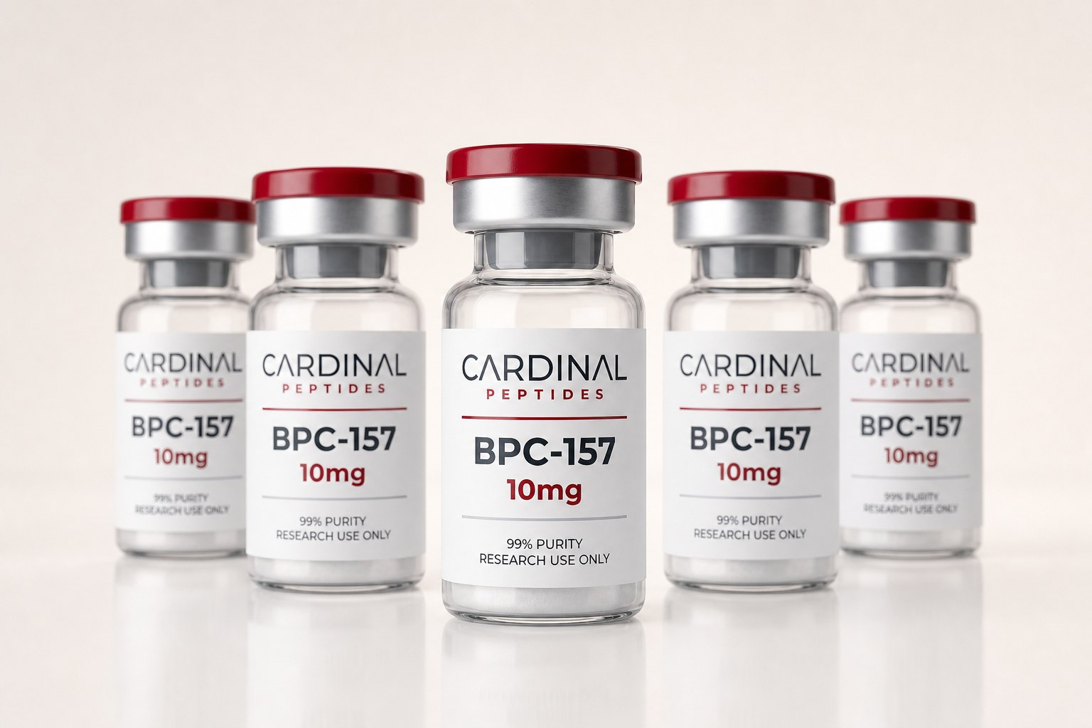 A lineup of Cardinal Peptides research vials on a studio sweep