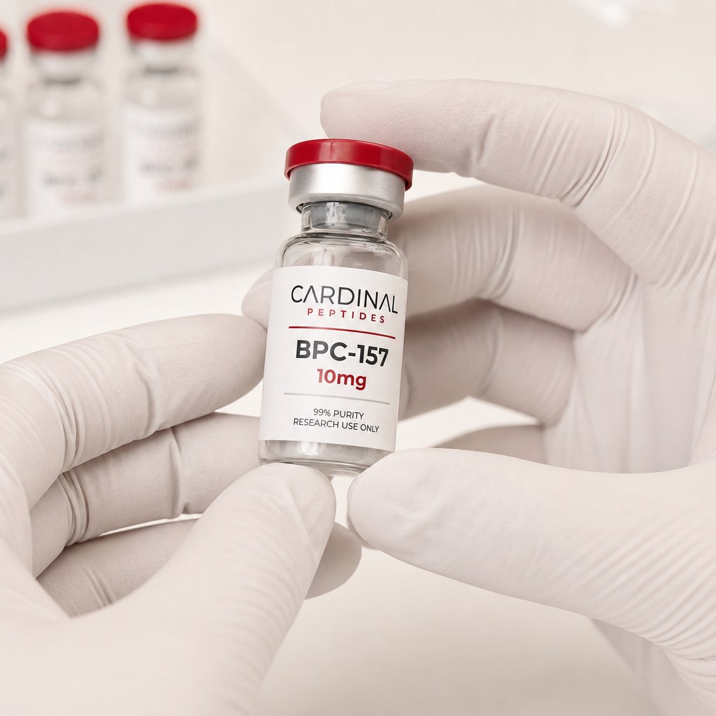 Gloved hands inspecting a Cardinal Peptides research vial