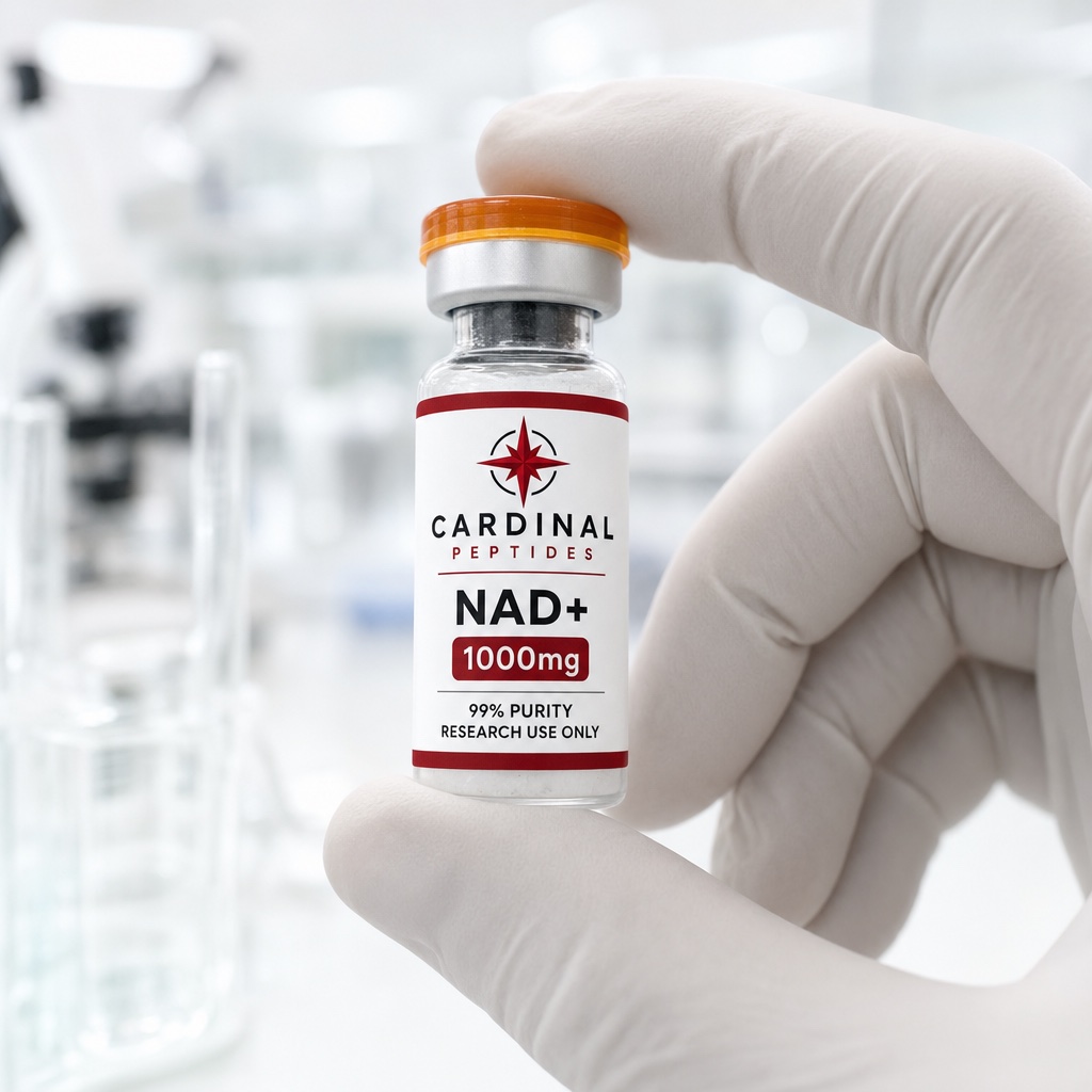 Gloved hands inspecting a Cardinal Peptides research vial