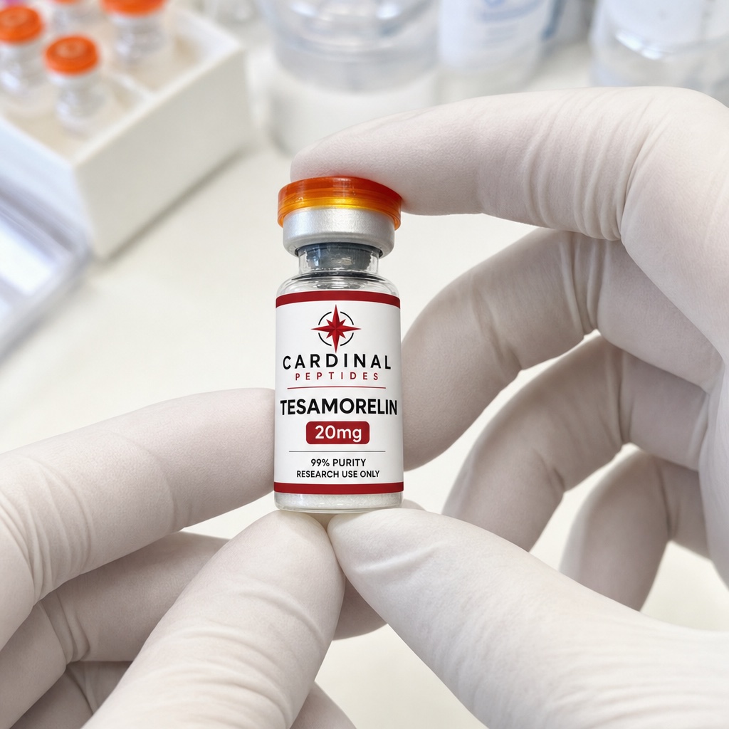 Gloved hands inspecting a Cardinal Peptides research vial over a laboratory bench
