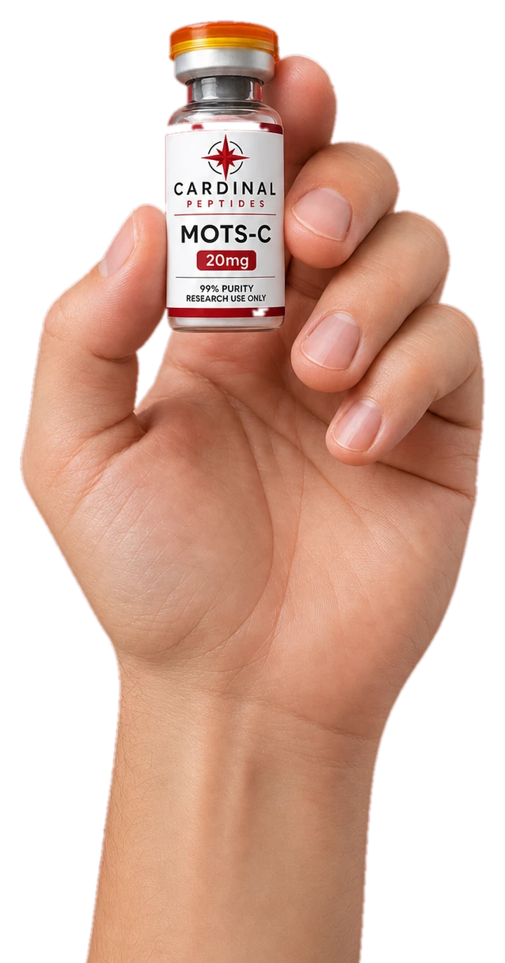 A hand presenting a Cardinal Peptides MOTS-C research vial