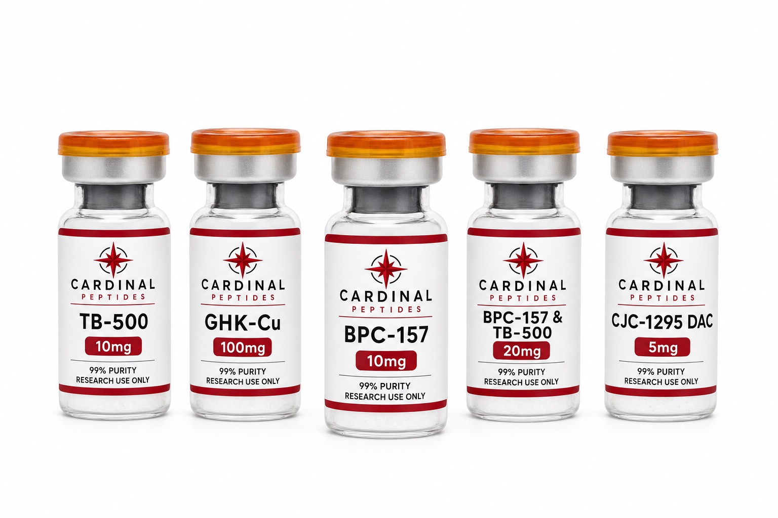 A lineup of Cardinal Peptides research vials — TB-500, GHK-Cu, BPC-157, the Wolverine Pack and CJC-1295 DAC — on a white studio sweep