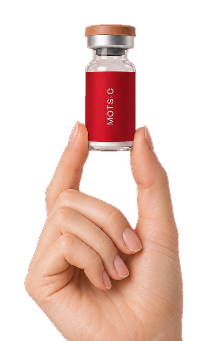 A hand presenting a Cardinal Peptides MOTS-C research vial