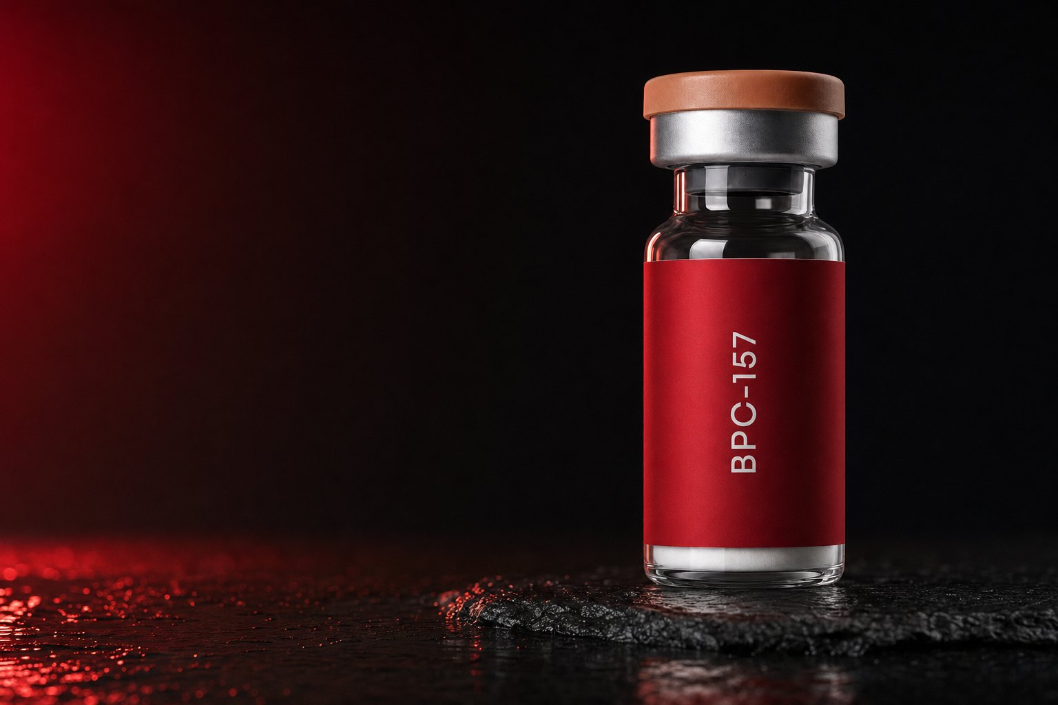 Cardinal Peptides BPC-157 research vial with its deep-red label on dark slate