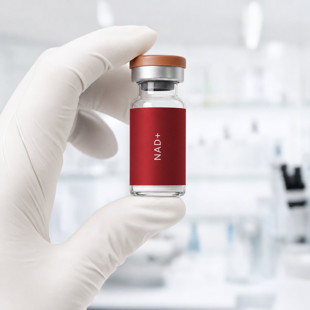 A gloved hand inspecting a Cardinal Peptides NAD+ research vial