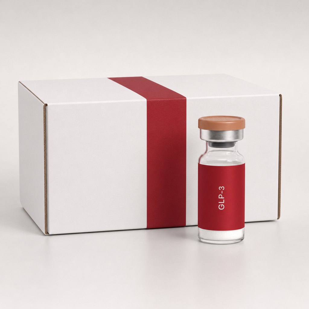 Discreet white shipping box beside a Cardinal Peptides GLP-3 research vial