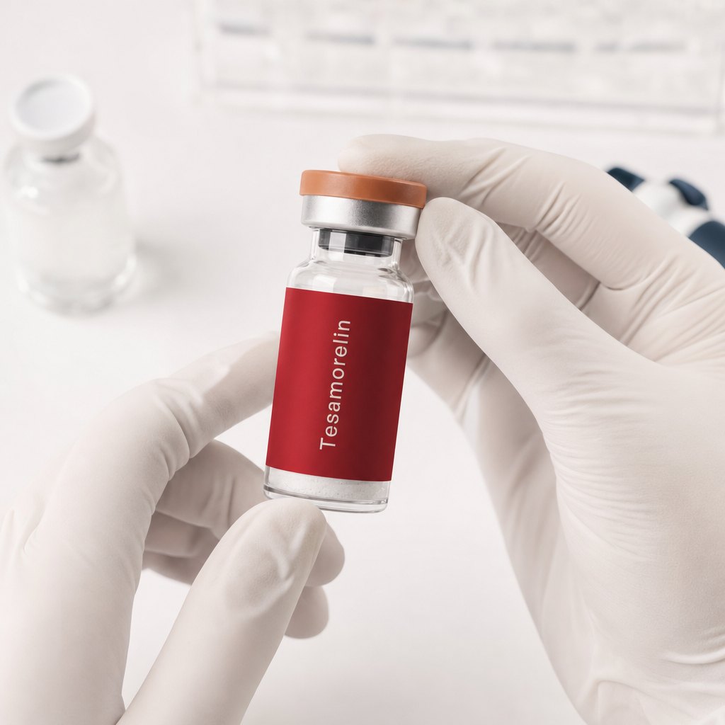 Gloved hands inspecting a Cardinal Peptides Tesamorelin research vial over a laboratory bench
