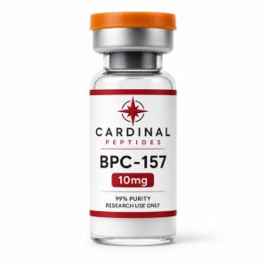 BPC-157 10mg lyophilized peptide reference material in a Cardinal Peptides glass vial