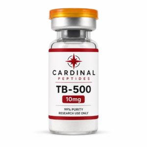 TB-500 10mg lyophilized peptide reference material in a Cardinal Peptides glass vial