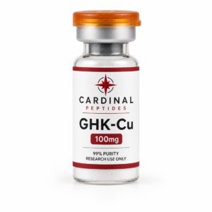 GHK-Cu 100mg lyophilized peptide reference material in a Cardinal Peptides glass vial