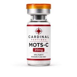 MOTS-C 20mg lyophilized peptide reference material in a Cardinal Peptides glass vial