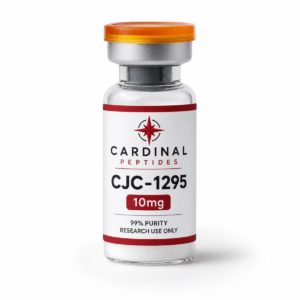 CJC-1295 10mg lyophilized peptide reference material in a Cardinal Peptides glass vial