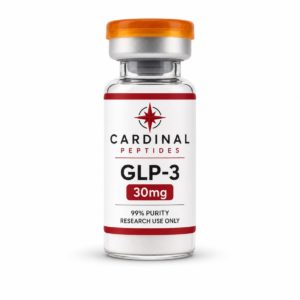 GLP-3 30mg lyophilized peptide reference material in a Cardinal Peptides glass vial