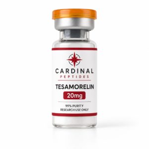 Tesamorelin 20mg lyophilized peptide reference material in a Cardinal Peptides glass vial