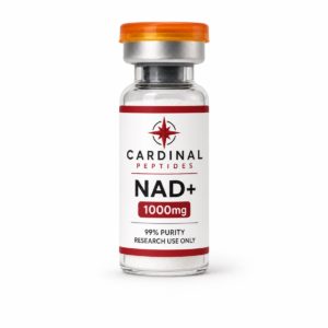 NAD+ 1000mg lyophilized peptide reference material in a Cardinal Peptides glass vial